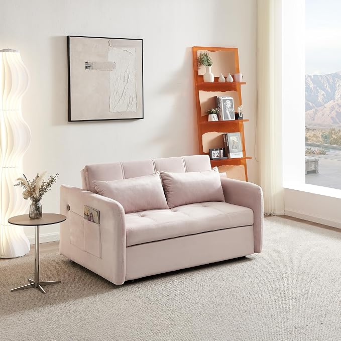 55.5" Velvet Convertible Sofa Bed, Pull Out Sleeper Sofa Bed, Loveseat Couch with USB Charging Ports, 3 in 1 Convertible Sleeper Sofa Bed for Living Room, Apartment, Bedroom, RV, Pink