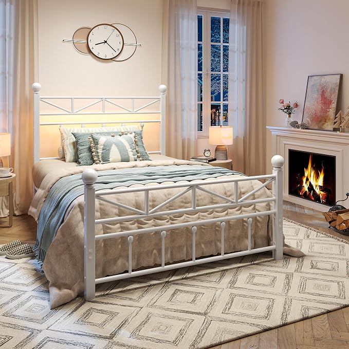 EnHomee 14.2" Metal Twin Bed Frames with Tall Headboard & Footboard, LED Light Twin Bed Frame, Strong Slats Support and Noise-Free Design with Under Bed Storage/No Box Spring Needed/White