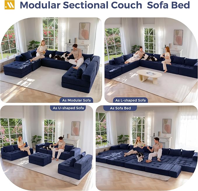 MAXYOYO Modular Sectional Sofa Couch, Foldable Oversized U Shaped Cloud Couch with Pillows, Tufted Boneless Lounger Floor Sofa Bed for Living Room, No Assembly Required, Navy