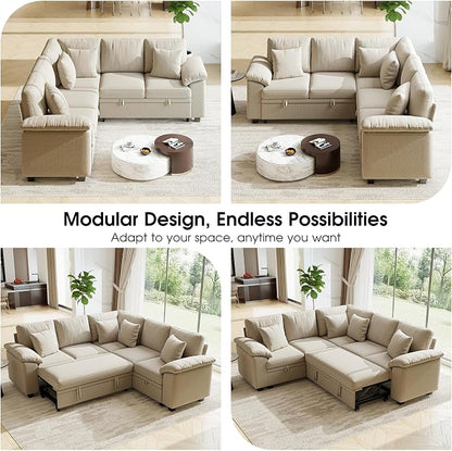 86" Modular Sectional Sleeper Sofa with Pull Out Bed, L Shaped 5 Seat Couch with 151L Storage, Convertible Cloud Couch Bed, Sectional Couches for Living Room, Apartment (Sand)