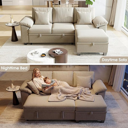 86" Modular Sectional Sleeper Sofa Bed, L Shaped 4 Seat Pull Out Couch with Storage Ottoman, Convertible Cloud Couch Bed, Sectional Couches for Living Room, Apartment (Sand)