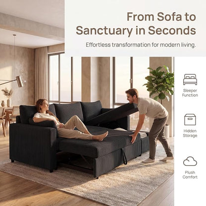 Queen Sleeper Sofa, Convertible Sofa Bed with Storage, 85 Inch Sectional Couch with Pull Out Bed, L Shaped 3 Seat Sectional Sleeper Sofa for Living Room, Apartment, Black