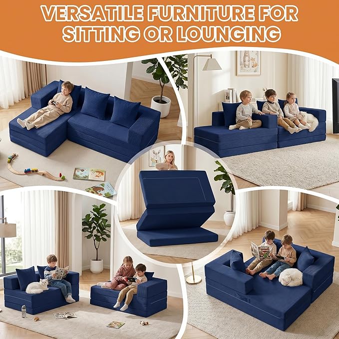 65" Modular Sectional Sofa, Boneless Convertible Sleeper Sofa Bed, Modern Tri-Folding Cloud Couch with L-Shape Chaise, Corduroy Futon Couches for Small Spaces Apartment,No Assembly,Blue