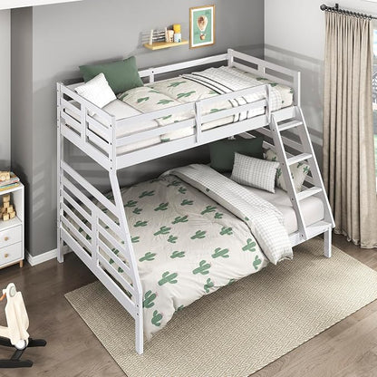 Lexicon Bunk Bed Twin Over Full, Wooden Bed Frame with Sturdy Ladder and Safety Guard Rails, Modern Space-Saving Design, for Bedroom/Guest Room, No Box Spring Needed, White