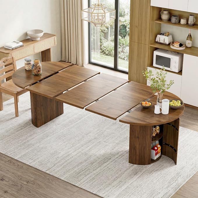 43-95 Inch Oval Extendable Dining Table for 4-10, Fluted Space Saving Long Round Kitchen Table with 3 Leaf, 2 Storage, Mid Century Modern Dining Room Dinner Table for Living Room, Walnut