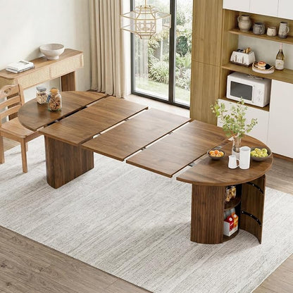 43-95 Inch Oval Extendable Dining Table for 4-10, Fluted Space Saving Long Round Kitchen Table with 3 Leaf, 2 Storage, Mid Century Modern Dining Room Dinner Table for Living Room, Walnut