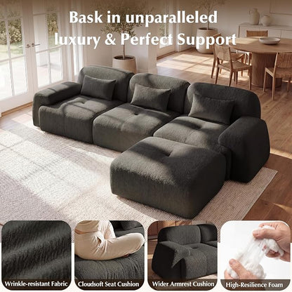 118'' Modular Sectional Cloud Couch Boneless Couches, Oversize Curved Sectional Couches for Living Room, Deep Seat Couch Lambswool Sofa with Ottoman & Throw Pillows, No Assembly, HR Foam