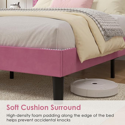 VECELO Twin Size Platform Bed Frame with Height Adjustable Upholstered Headboard, Modern Mattress Foundation,Strong Wood Slat Support, No Box Spring Needed, Easy Assembly,Pink