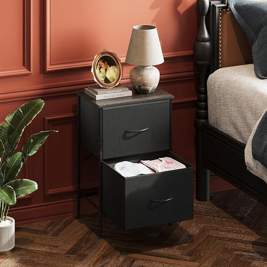 WLIVE Night Stand, Small Dresser with 2 Drawers & Wooden Top, Nightstand with Fabric Bins, Bedside Table End Table for Bedroom, Closet, Entryway, College Dorm, Black