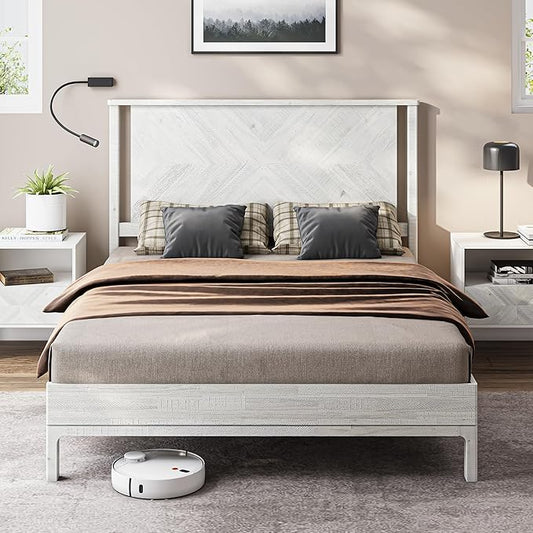 Bme Vivian 14 Inch Deluxe Bed Frame with Headboard, Rustic & Scandinavian Style with Solid Acacia Wood, No Box Spring Needed, 12 Strong Wood Slat Support, Easy Assembly, Queen, Rustic White