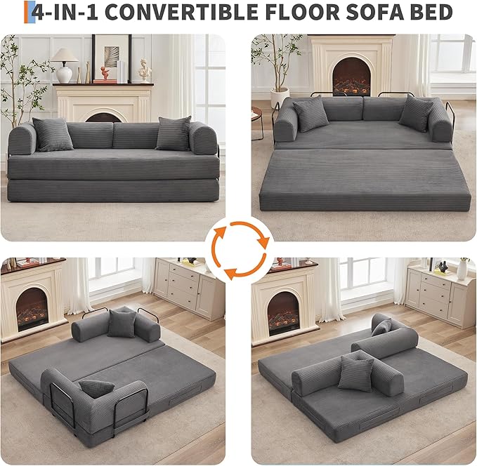 IDEALHOUSE 4 in 1 Convertible Sleeper Sofa Bed Couch, 79 Inch Boneless Corduroy Floor Couch with Pillows, No Assembly, Modern Deep Seat Sofa Futon Mattress for Living Room,Apartment,Gray