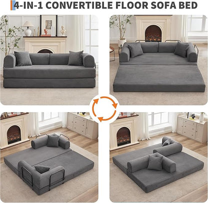 IDEALHOUSE 4 in 1 Convertible Sleeper Sofa Bed Couch, 79 Inch Boneless Corduroy Floor Couch with Pillows, No Assembly, Modern Deep Seat Sofa Futon Mattress for Living Room,Apartment,Gray