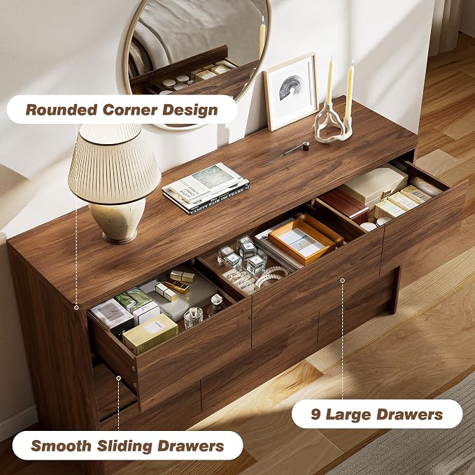 3 Pieces of Dresser and Nightstand Set,55 Inch Width 9-Drawer Dresser & 2-Drawer Nightstands Set of 2,Nightstand with USB&Type C Charging Station&Outlets, Modern Design for Bedroom, Walnut