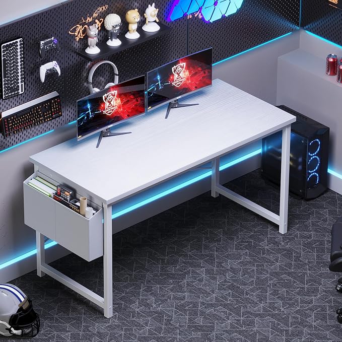 OLIXIS Computer Desk, 55 Inch Home Office Desks for Small Spaces, Writing Craft Study Gaming Table for Bedroom, Modern Computer Workstation with Storage Bag, All White
