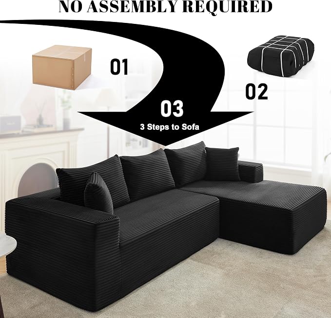 Mangodan 110” Cloud Sectional Couch, Boneless Sofa for Living Room, Modular Sectional Sofa with Deep Seat, Comfy Fluffy Couch with L-Shaped Chaise, No Assembly Required (Right-Facing Chaise, Black)