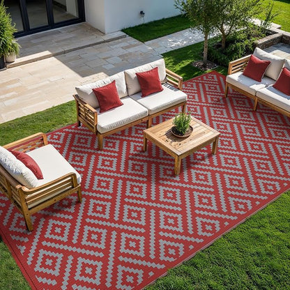 GENIMO Outdoor Rug for Patio Clearance, 10'x20' Reversible Plastic Straw Rugs, Lightweight Waterproof RV Camping Mat for Camper, Balcony, Deck, Backyard, Picnic, Red Grey