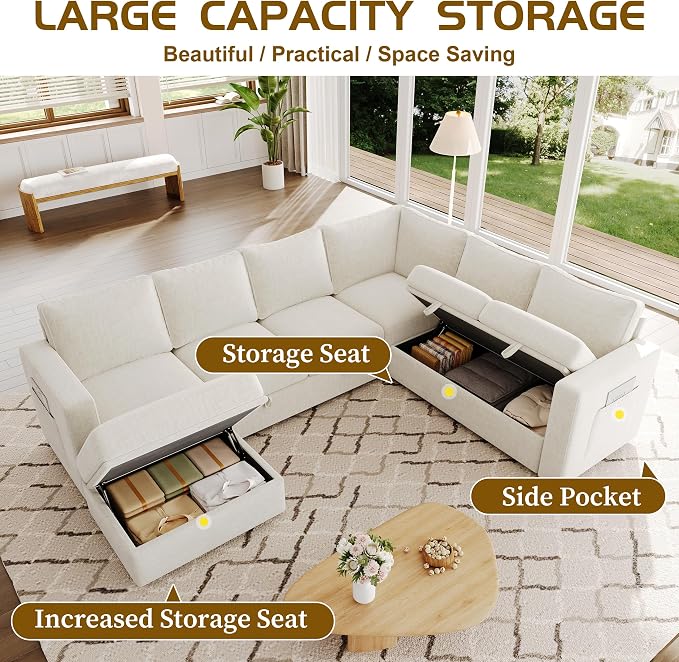106.7" U-Shaped Modular Sectional Sofa with Pull-Out Bed & Storage, Modern 7-Seat Convertible Couch, Comfy L-Shape Sectional for Living Room, Apartment, Beige