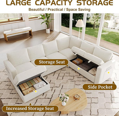 106.7" U-Shaped Modular Sectional Sofa with Pull-Out Bed & Storage, Modern 7-Seat Convertible Couch, Comfy L-Shape Sectional for Living Room, Apartment, Beige