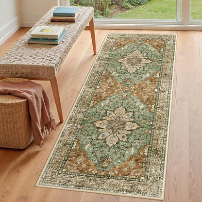 RELEANY Area Rugs Runner 3'x6' Washable Non-Slip, Floral Vintage Distress Medallion Carpet for Kitchen Hallway Bedroom Beside Laundry Room Bathroom, Terracotta Burnt Orange Green