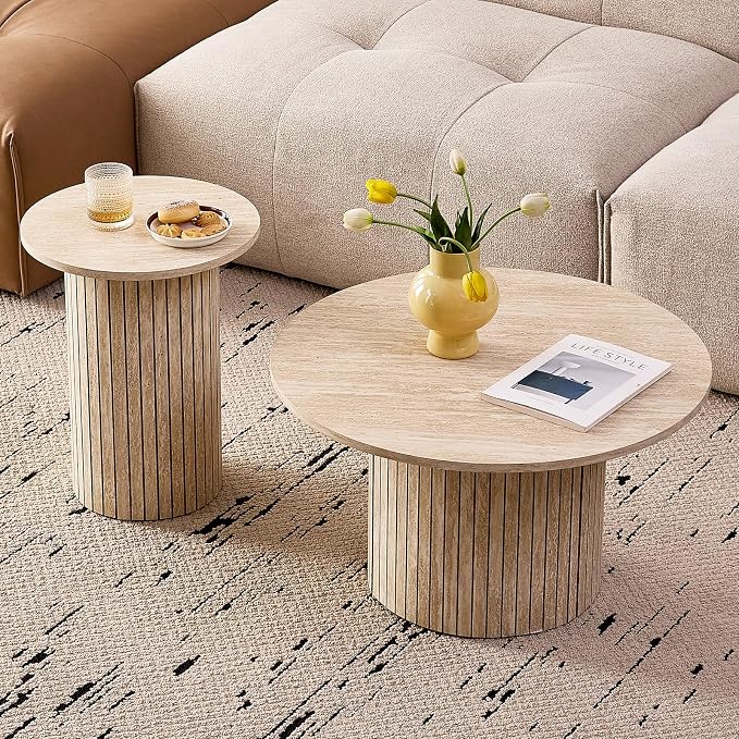 Round Nesting Coffee Tables for Living Room, Set of 2, Beige | φ27.6 + φ15.8 Boho Small Circle Side Tables, Fluted Drum Design Easy Assembly Minimalist Modern End Table Non-Slip Feet