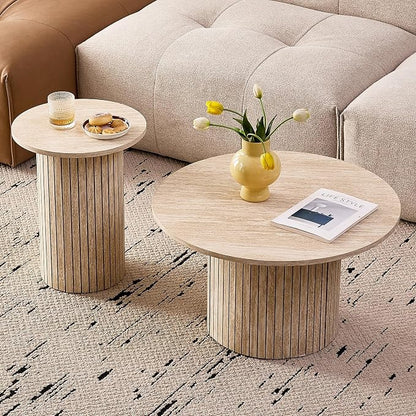Round Nesting Coffee Tables for Living Room, Set of 2, Beige | φ27.6 + φ15.8 Boho Small Circle Side Tables, Fluted Drum Design Easy Assembly Minimalist Modern End Table Non-Slip Feet
