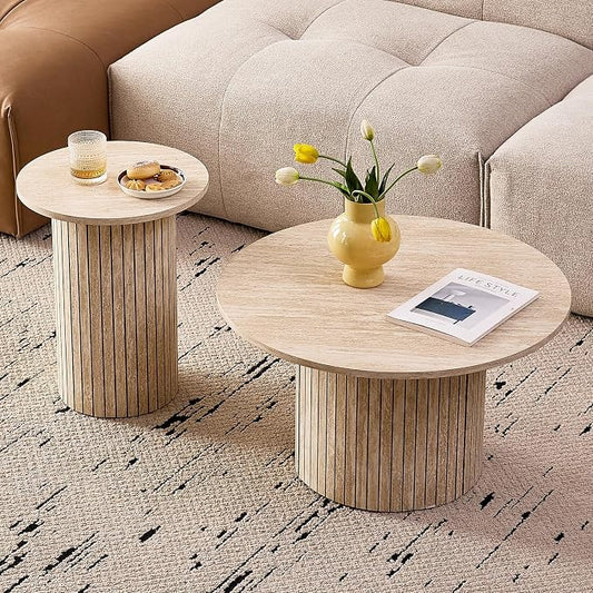 Round Nesting Coffee Tables for Living Room, Set of 2, Beige | φ27.6 + φ15.8 Boho Small Circle Side Tables, Fluted Drum Design Easy Assembly Minimalist Modern End Table Non-Slip Feet