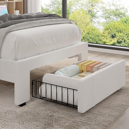VECELO Twin Size Upholstered Bed Frame with Drawer and Headboard, Velvet Platform Storage Bedframe, Wooden Slats Support, No Box Spring Needed, White
