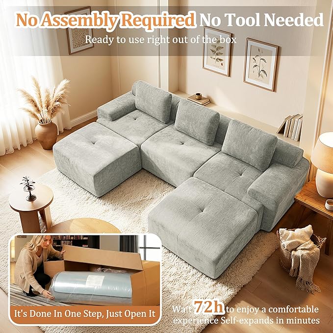 122" U-Shaped Modular Sectional Sofa, Oversized Boneless Cloud Couch for Living Room with Extra Deep Seat & High Back, Tool-Free No Assembly, Soft Chenille (Light Grey, 122 inch-U Shaped（3+2）)