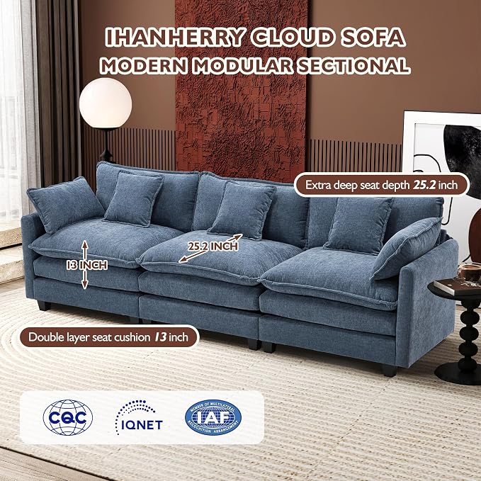 Ihanherry 111.4 Inch 3-Seater Cloud Sofa, Modular Sectional Couch, Modern Deep Seat Sofa for Living Room, Comfy Double Layer Upholstered Seat Cushion, Breathable Chenille Fabric, Blue