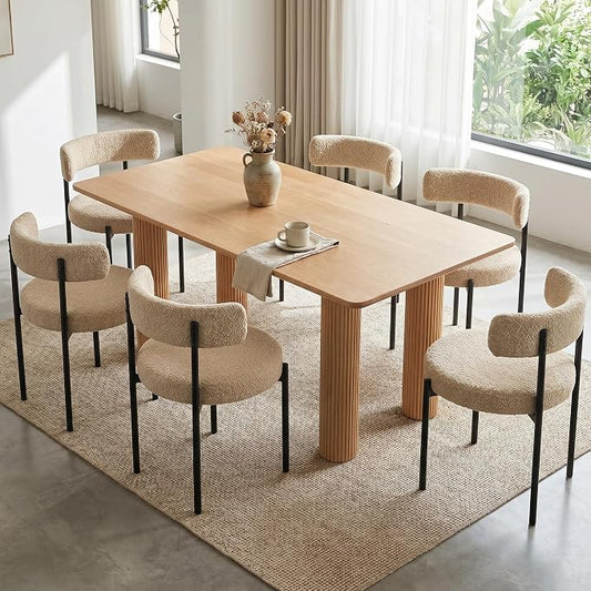 Boucle Dining Chairs Set of 6, Beige Dining Chairs with Upholstered Seat and Round Back, Mid-Century Modern Kitchen Chairs for Dining Room, Restaurant