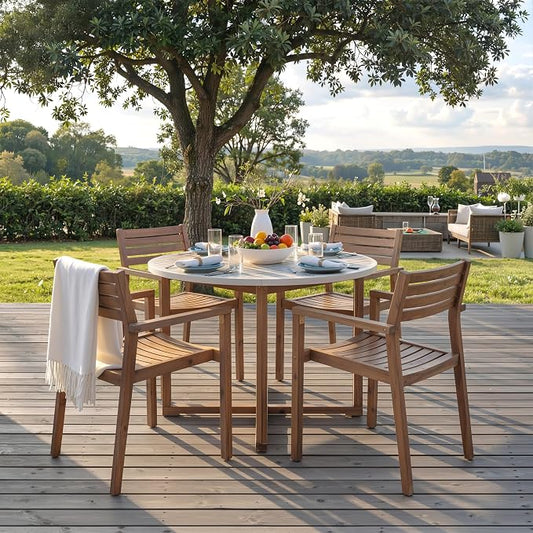 VilroCaz 5-Piece Acacia Wood Outdoor Dining Set for 4, All-Weather 47.2" Round Dining Table with 4 Armchairs and Slatted Design for Patios, Gardens, Pool Sides, and Lawn Areas (Light Brown-4.11)