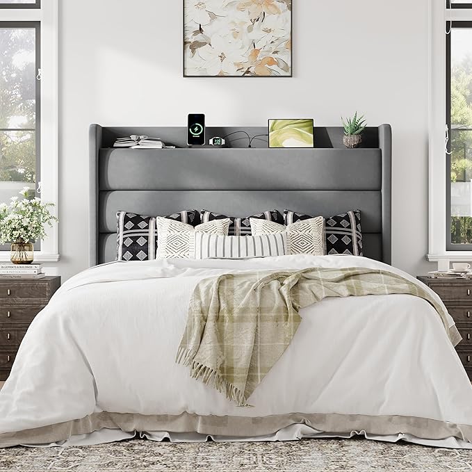 Allewie Full Size Upholstered Bed Frame with Charging Station & Storage Headboard, Soft Velvet Wingback Platform Bed, Strong Wooden Slats Support, No Box Spring Needed, Easy Assembly, Light Grey