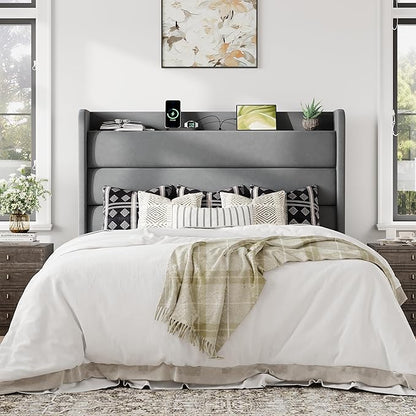 Allewie Full Size Upholstered Bed Frame with Charging Station & Storage Headboard, Soft Velvet Wingback Platform Bed, Strong Wooden Slats Support, No Box Spring Needed, Easy Assembly, Light Grey