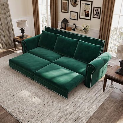 93.7" King Size Sleeper Sofa Bed, Pull Out Sofa Bed, Velvet Upholstery, 3 in 1 Convertible Sleeper Couch, Chaise Lounge, Retro Recliner for Living Room, Office, Apartment, Green