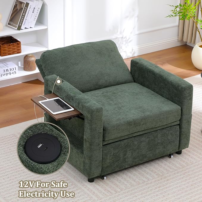 3 in 1 Folding Convertible Sleeper Sofa Bed Pull Out Couch with Side Pockets USB Port Side Table Single Sofa Bed with Adjustable Backrest for Living Room Bedroom 66" DarkGreen 1 SEAT