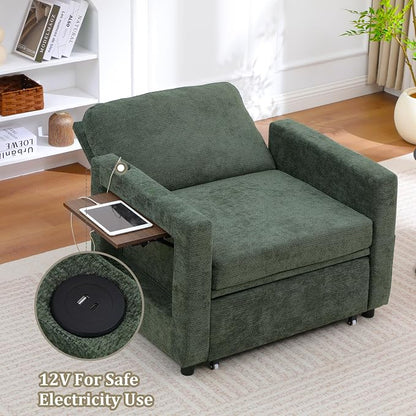 3 in 1 Folding Convertible Sleeper Sofa Bed Pull Out Couch with Side Pockets USB Port Side Table Single Sofa Bed with Adjustable Backrest for Living Room Bedroom 66" DarkGreen 1 SEAT