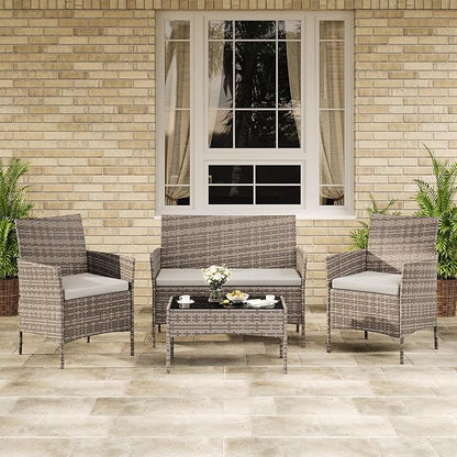 4-Piece Outdoor Furniture Set, PE Rattan Wicker Chairs with Soft Cushions & Tempered Glass Coffee Table - All-Weather Patio Set for Garden, Backyard, Porch, Poolside (Grey)