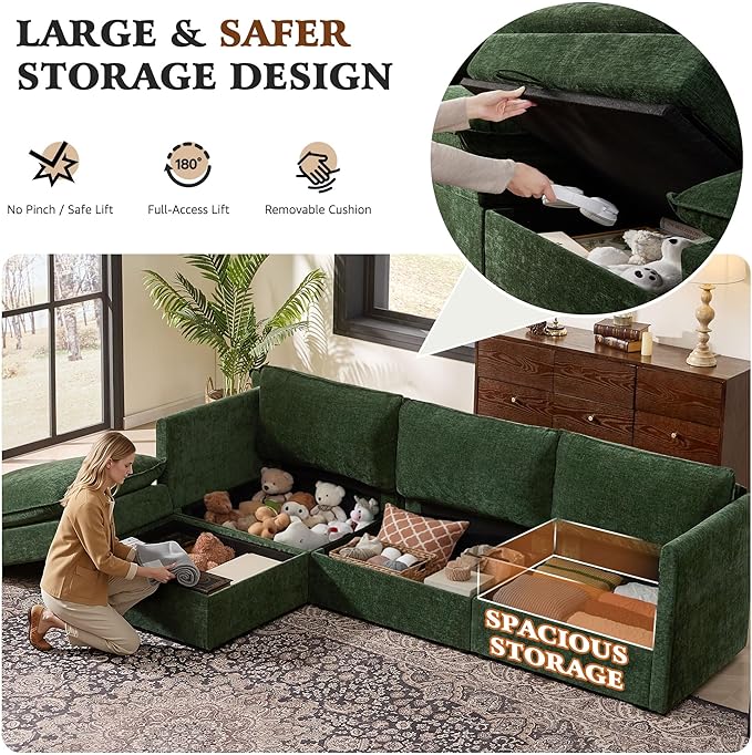 Ihanherry 103" Modular Sectional Sofa with Storage, L Shaped Cloud Couch with Movable Ottomans & 4 Pillows, Chenille Deep Seat Sectional Couches for Living Room, Apartment (Green)