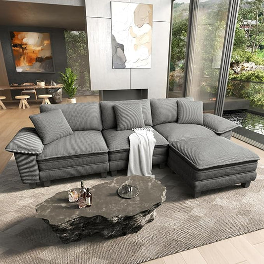 HERA'S HOUSE 124" Modular Sectional Sofa, Oversized L Shaped Couches for Living Room, Comfy Cloud Couch with Ottoman, 4-Seater Deep Seat Sofa with Throw Pillow, Corduroy Grey