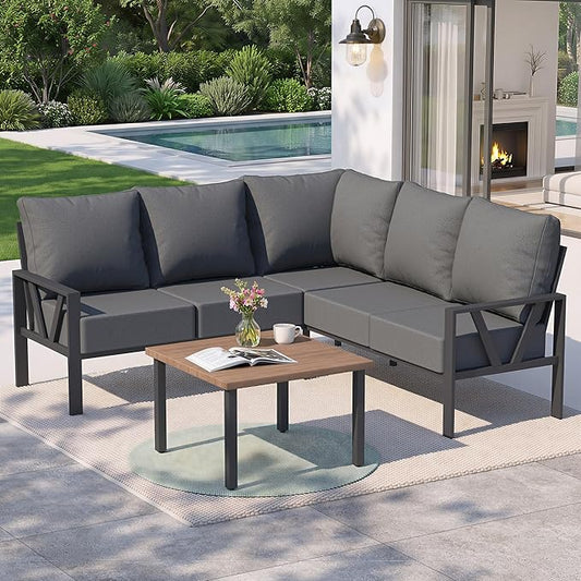 Outdoor Furniture Set, 6 Pieces Outdoor Patio Couch Sectional, L Shaped Metal Outdoor Patio Corner Sofa with 6” Thick Cushions, Outdoor Seating Conversation Set, Dark Grey