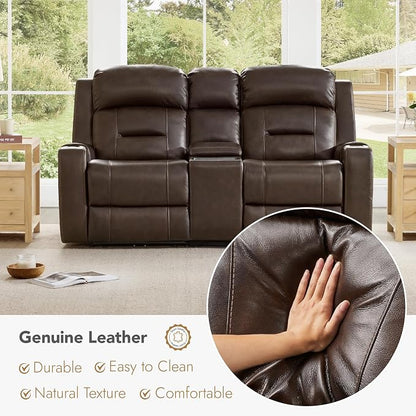 Watson & Whitely Genuine Leather Power Loveseat Recliner Sofa, Lay Flat Reclining Sofa with Console, Power Headrest, Cup Holders & Wireless Charging, Dual Recliner for Living Room, Dark Brown