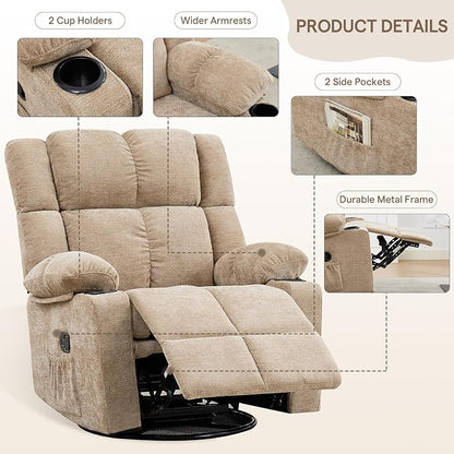 Swivel Rocker Recliner,Rocking Recliner with Adjustable Headrest | Upholstered Fabric Swivel Rocking Chair for Bedroom,Living Room,Brown