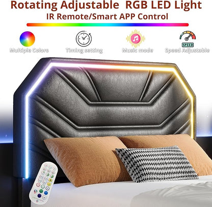 LIKIMIO Twin XL Bed Frames with LED Light Headboard, Upholstered Modern Cama Twin XL Platform Bed Frame with Heavy Duty Supports, No Box Spring Need, Noise Free, Easy Assembly, Black