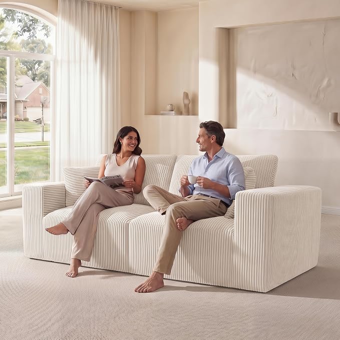 Modular Loveseat Cloud Couch, 79" Memory Foam Boneless Double Sofa, Cozy Upholstered Corduroy Frameless Furniture, No Assembly Required Small Couch for Apartment Living Room Office, Beige