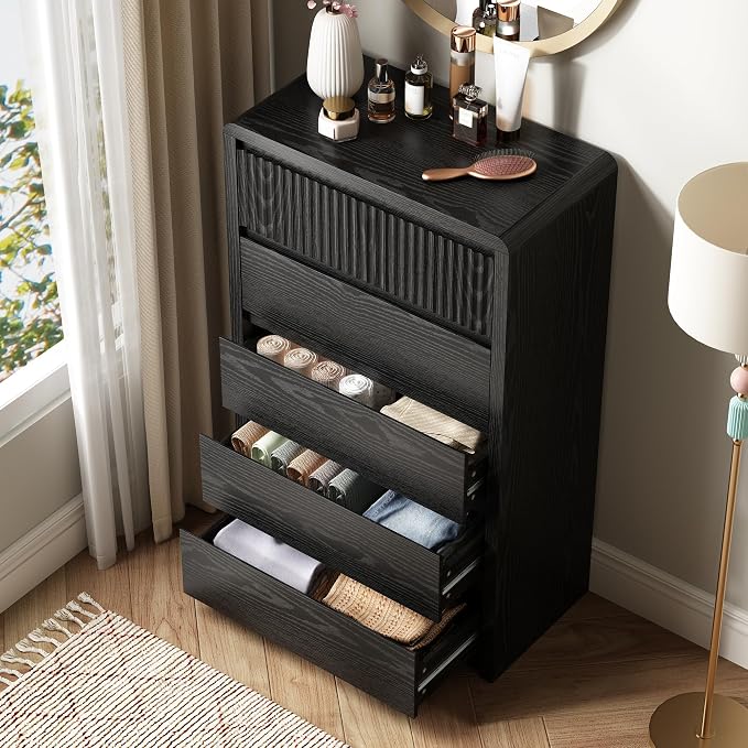 LYNSOM 5 Drawer Dresser for Bedroom, 48" Tall Fluted Dresser with Curved Corners, Wood Dressers & Chests of Drawers with Dual-Panel Design for Bedroom, Entryway, Black