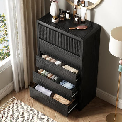 LYNSOM 5 Drawer Dresser for Bedroom, 48" Tall Fluted Dresser with Curved Corners, Wood Dressers & Chests of Drawers with Dual-Panel Design for Bedroom, Entryway, Black