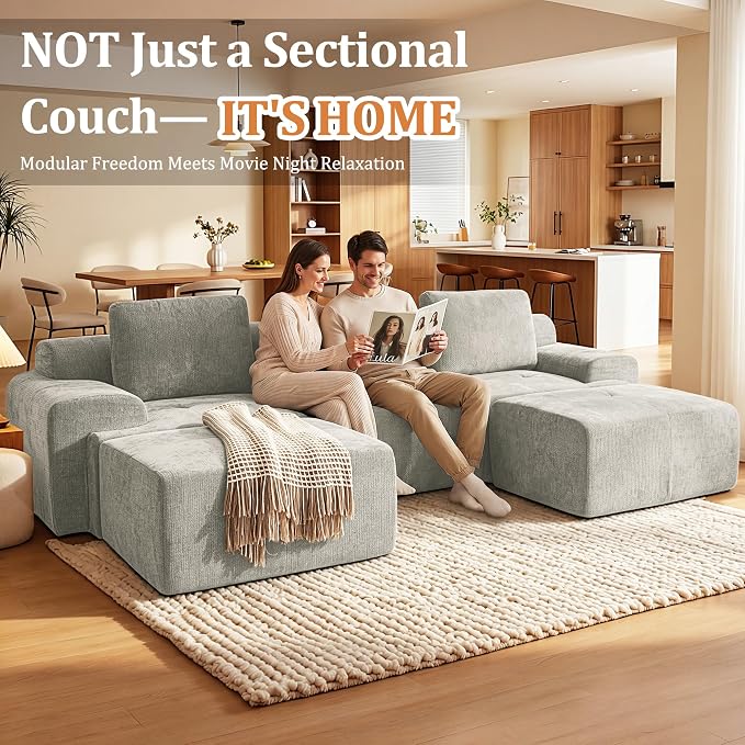 122" U-Shaped Modular Sectional Sofa, Oversized Boneless Cloud Couch for Living Room with Extra Deep Seat & High Back, Tool-Free No Assembly, Soft Chenille (Light Grey, 122 inch-U Shaped（3+2）)