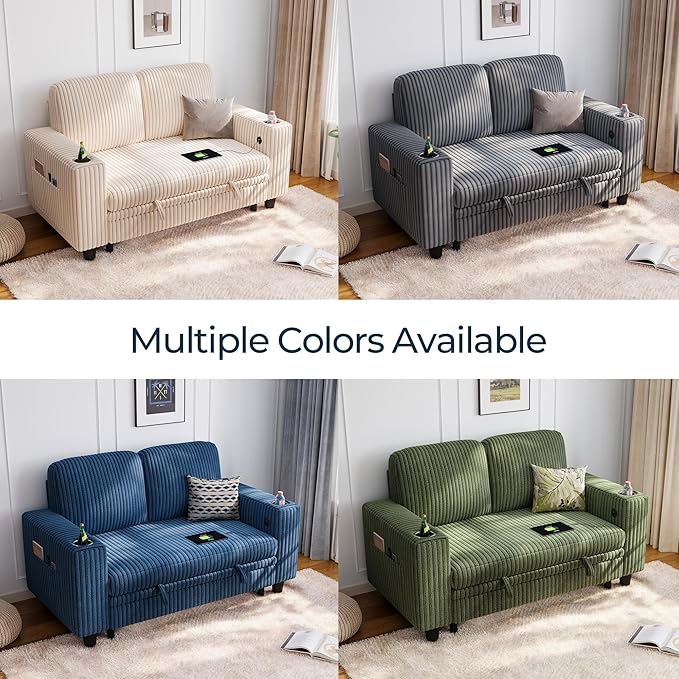 LINSY HOME Loveseat Sofa with Storage - Comfy Plush Corduroy 2 Seater Sofa with USB Charging & Cup Holders, Deep Seat Love Seat for Small Spaces Living Room Bedroom Apartment, Green