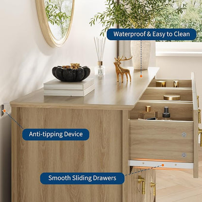 GarveeHome Fluted Dresser for Bedroom, 54 Inch Wide 7-Drawer Wood Dresser, Modern Chest of Drawers, Storage Organizer Cabinet for Living Room, Hallway, Entryway, Natural
