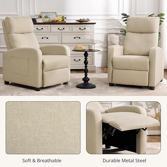 Recliner Chair for Living Room, Modern Adjustable Home Theater Seating Single Sofa Manual Push Back Armchair with Soft Linen Upholstery & High Backrest for Small Spaces, Linen-Cream